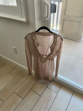 Victoria's Secret Beige Open-Knit Sweater with Embellished Neck Bathing Suit Cov